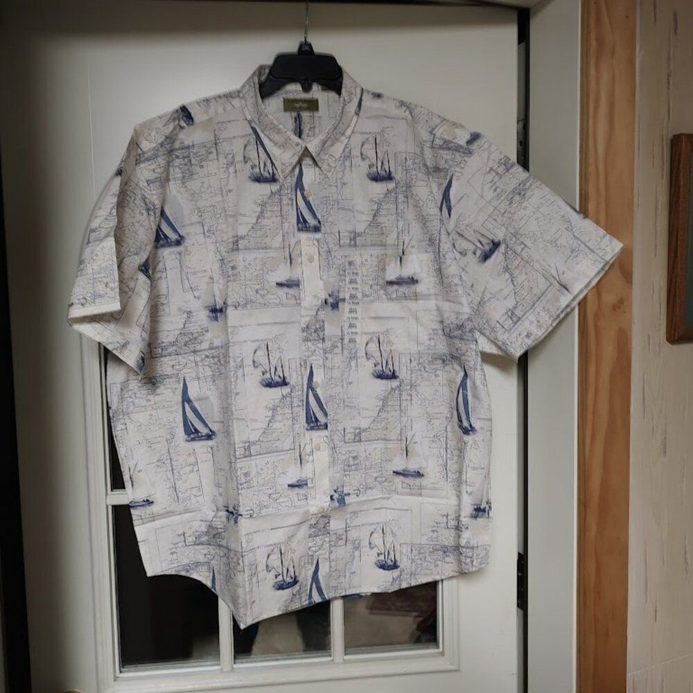New Natural Issue White Boats Map Print Short Sleeve Button Down Men's XXL